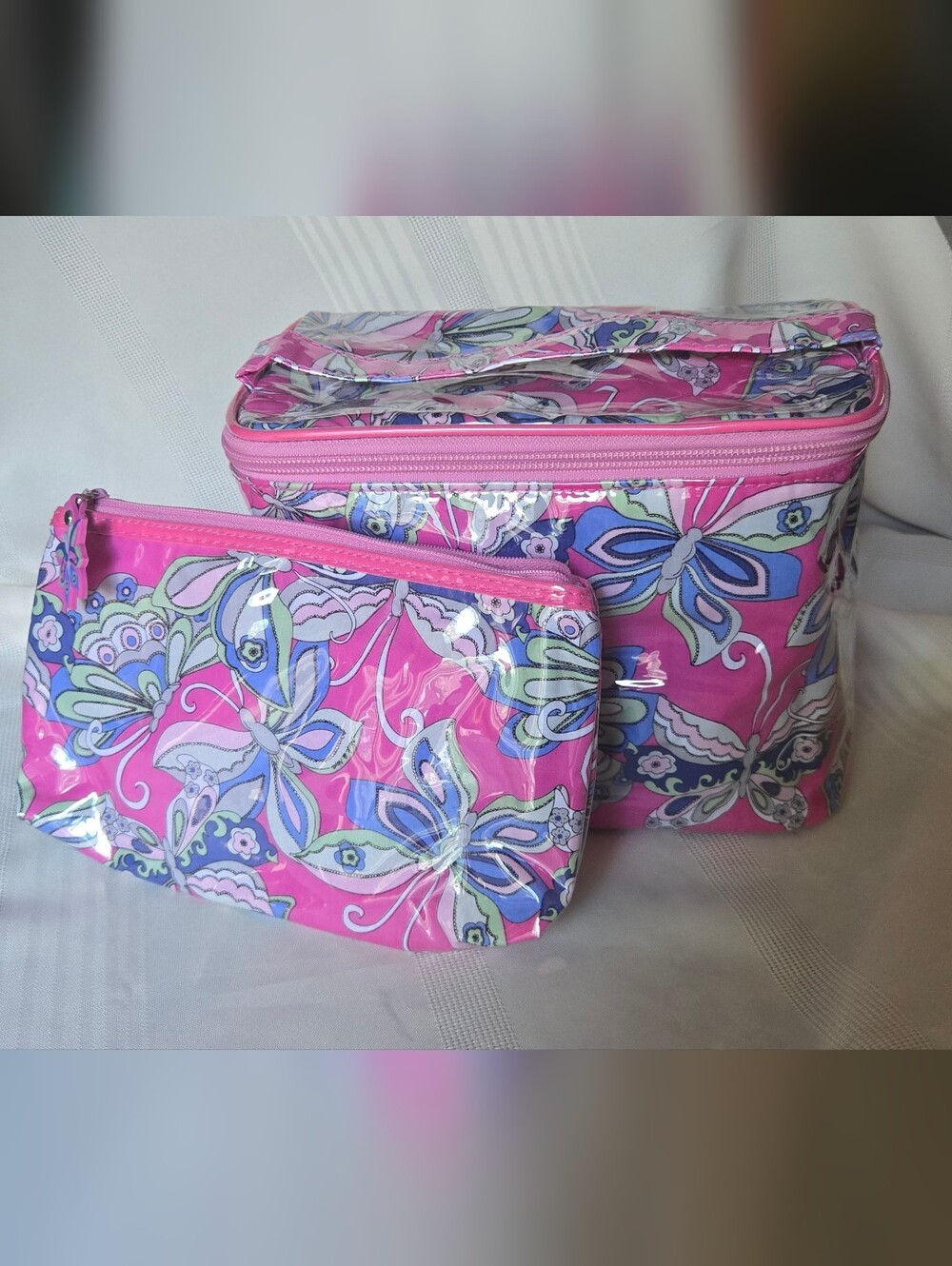 New Nick & Nora Pink Butterflies Plastic Covered Cosmetic Bag Set